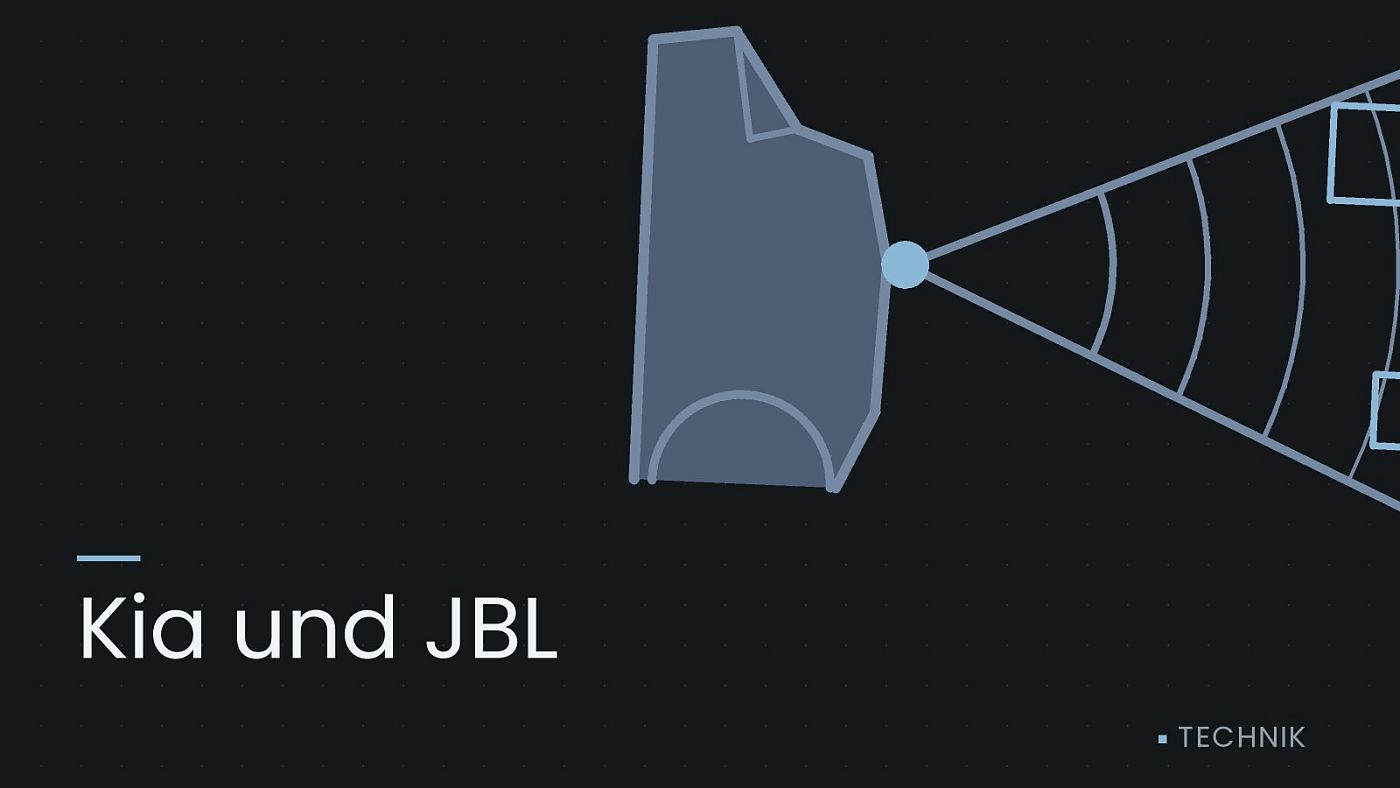 Symbolgrafik: ein gezeichneter Sensorkegel vor einer Fahrzeugfront, beschriftet mit „Kia und JBL“.