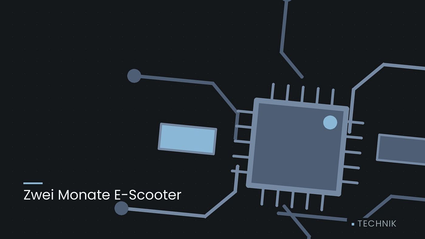 Symbolgrafik: gezeichnete Leiterbahnen mit einem Chip, beschriftet mit „Zwei Monate E-Scooter“.