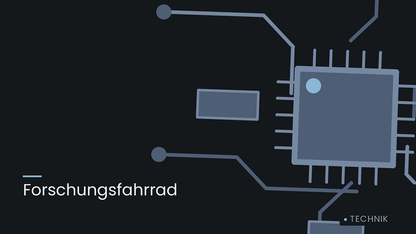 Symbolgrafik: gezeichnete Leiterbahnen mit einem Chip, beschriftet mit „Forschungsfahrrad“.