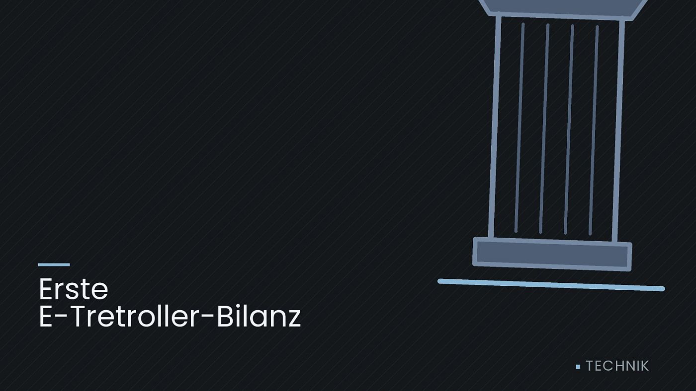 Symbolgrafik: eine stilisierte Gerichtssäule mit Giebel, beschriftet mit „Erste E-Tretroller-Bilanz“.