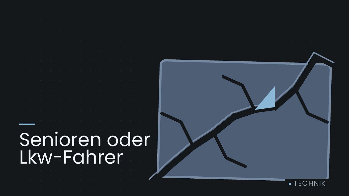 Symbolgrafik: eine gezeichnete Bruchlinie über einer Fläche, beschriftet mit „Senioren oder Lkw-Fahrer“.