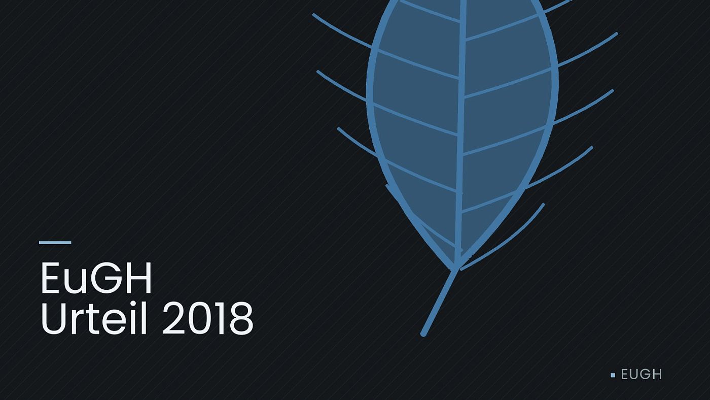 Symbolgrafik: ein gezeichnetes Blatt als Zeichen für Umwelt und Klima, beschriftet mit „EuGH Urteil 2018“.