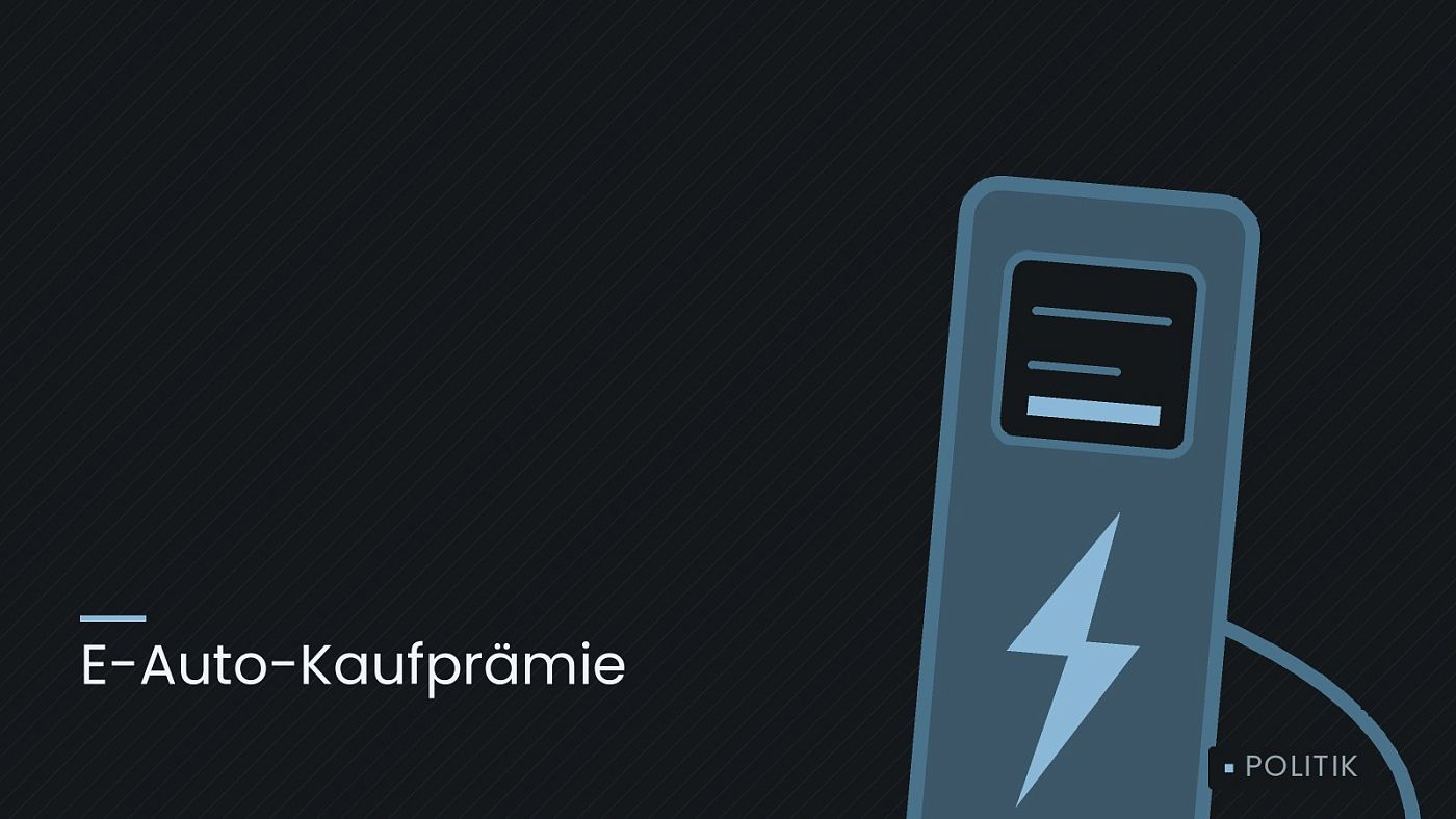 Symbolgrafik: eine gezeichnete Ladesäule mit Kabel und Stecker, beschriftet mit „E-Auto-Kaufprämie“.