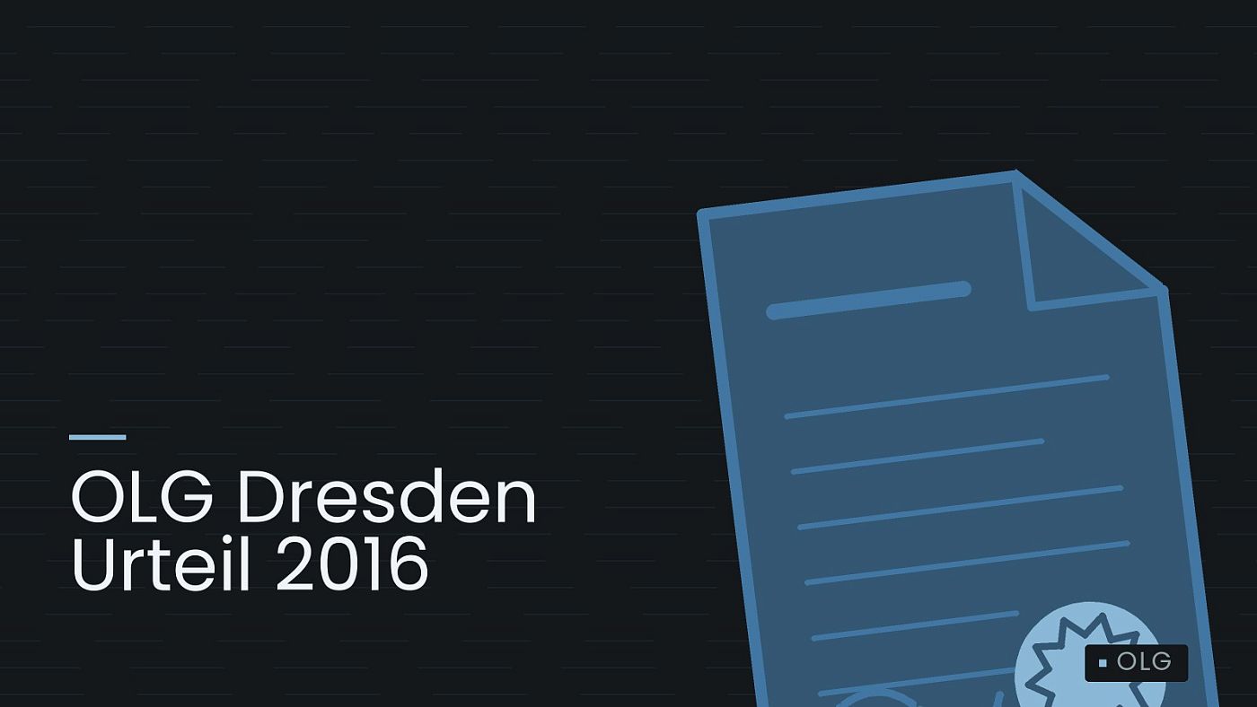 Symbolgrafik: eine gezeichnete Urkunde mit Siegel als Zeichen für eine Entscheidung, beschriftet mit „OLG Dresden Urteil 2016“.