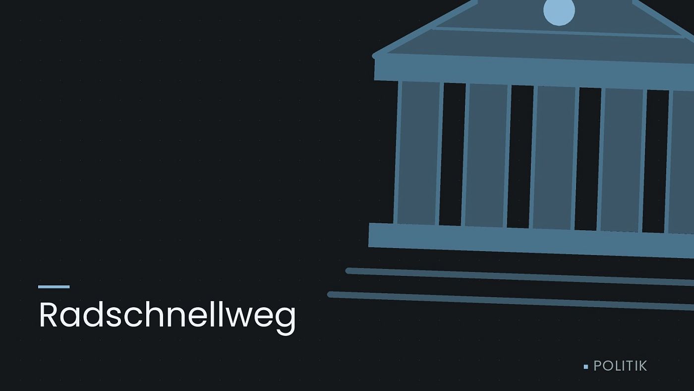 Symbolgrafik: ein stilisiertes Amtsgebäude mit Säulen, beschriftet mit „Radschnellweg“.