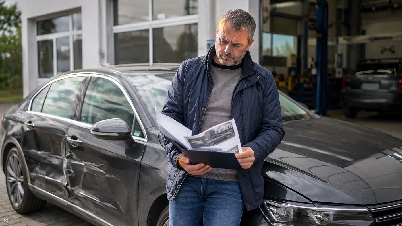 Ein Mann liest vor einer Werkstatt ein Schadengutachten; hinter ihm eine Limousine mit eingedrückter Fahrerseite.