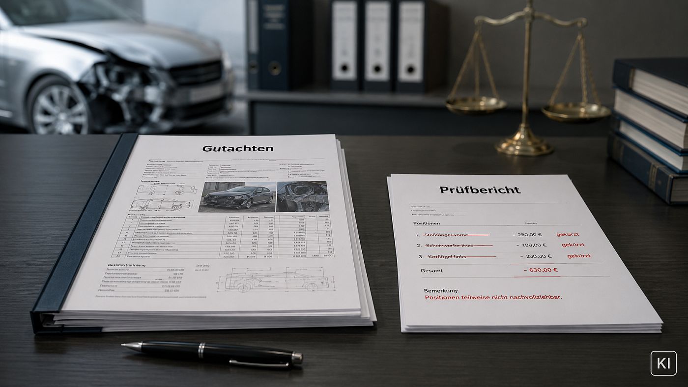 Auf einem Schreibtisch liegen ein gebundenes Schadengutachten und daneben ein Prüfbericht mit rot gestrichenen Positionen.