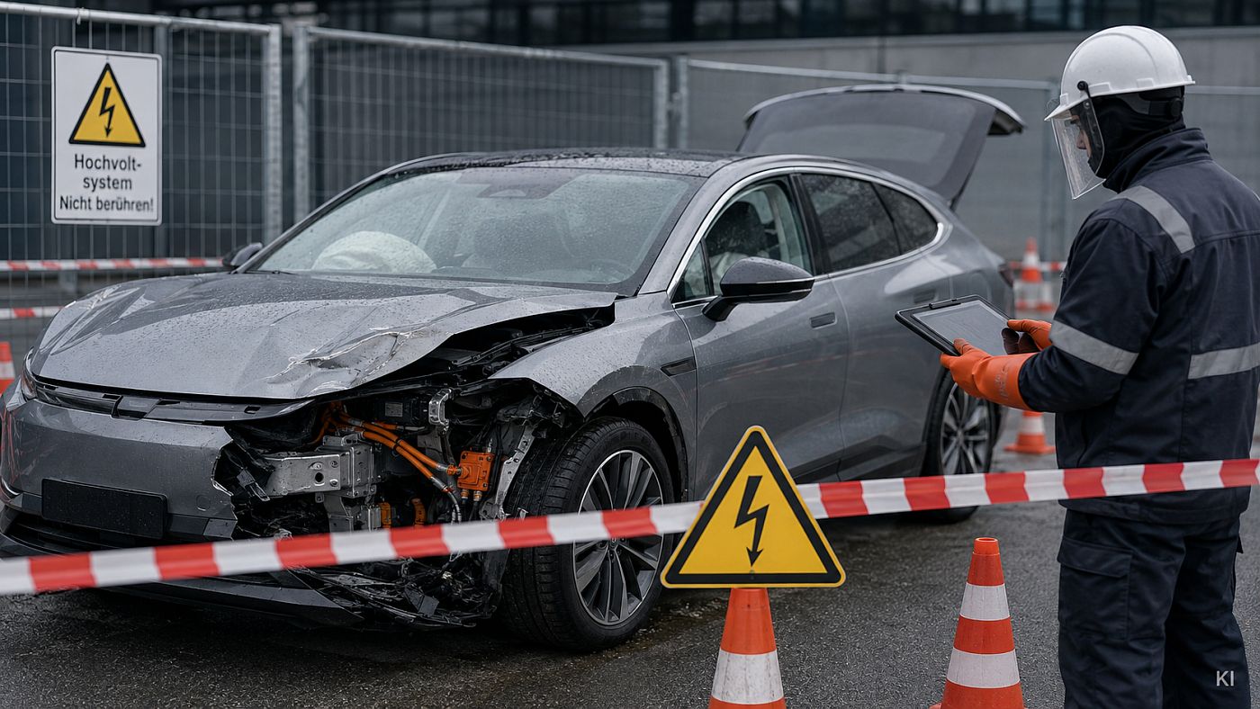 Ein verunfalltes Elektrofahrzeug steht abgesperrt im Freien, daneben ein Prüfer mit Schutzhelm, Visier und isolierenden Handschuhen; Warnschilder weisen auf das Hochvoltsystem hin.