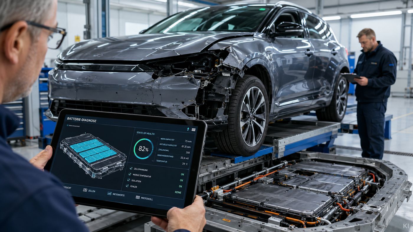 Ein Sachverständiger hält ein Diagnosegerät, das den Zustand einer Antriebsbatterie mit 82 Prozent ausweist; dahinter das ausgebaute Batteriegehäuse und das verunfallte Elektrofahrzeug auf der Hebebühne.