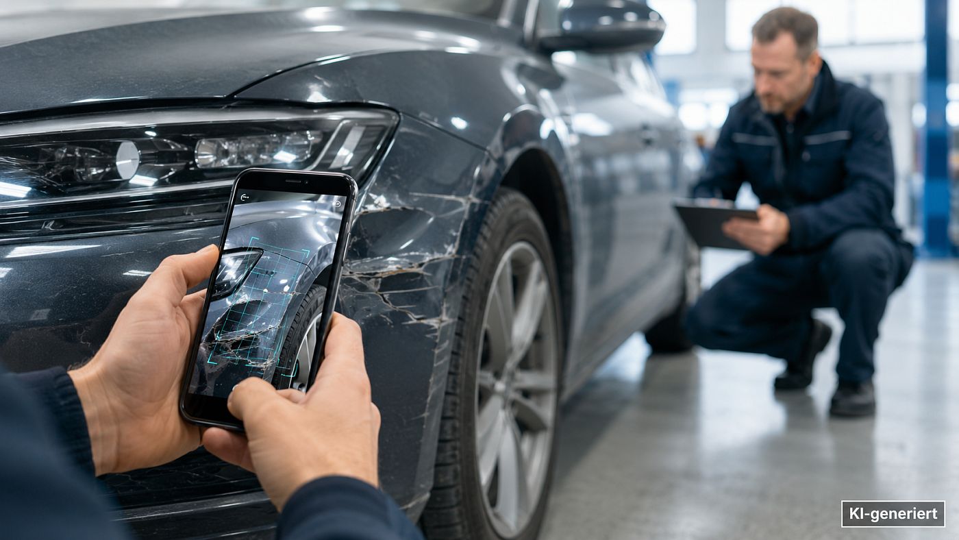Ein Smartphone erfasst einen beschädigten Kotflügel und legt Erkennungsrahmen über das Bild; im Hintergrund begutachtet ein Sachverständiger denselben Schaden am Fahrzeug.