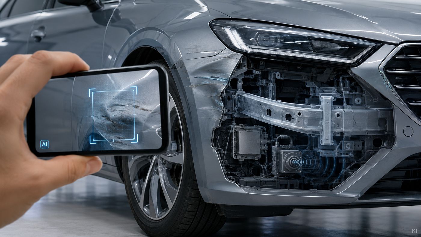 Ein Smartphone erfasst die Delle an einem Kotflügel, während der Blick daneben durch die Außenhaut hindurch auf Querträger, Steuergerät und Radarsensor zeigt.