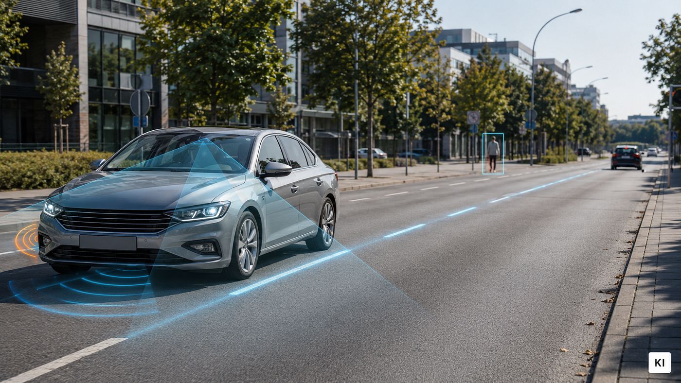 Eine Limousine fährt durch eine Stadtstraße; eingezeichnete Sensorkegel und Fahrbahnmarkierungen zeigen die Erfassungsbereiche der Assistenzsysteme, ein Fußgänger am rechten Fahrbahnrand ist markiert.