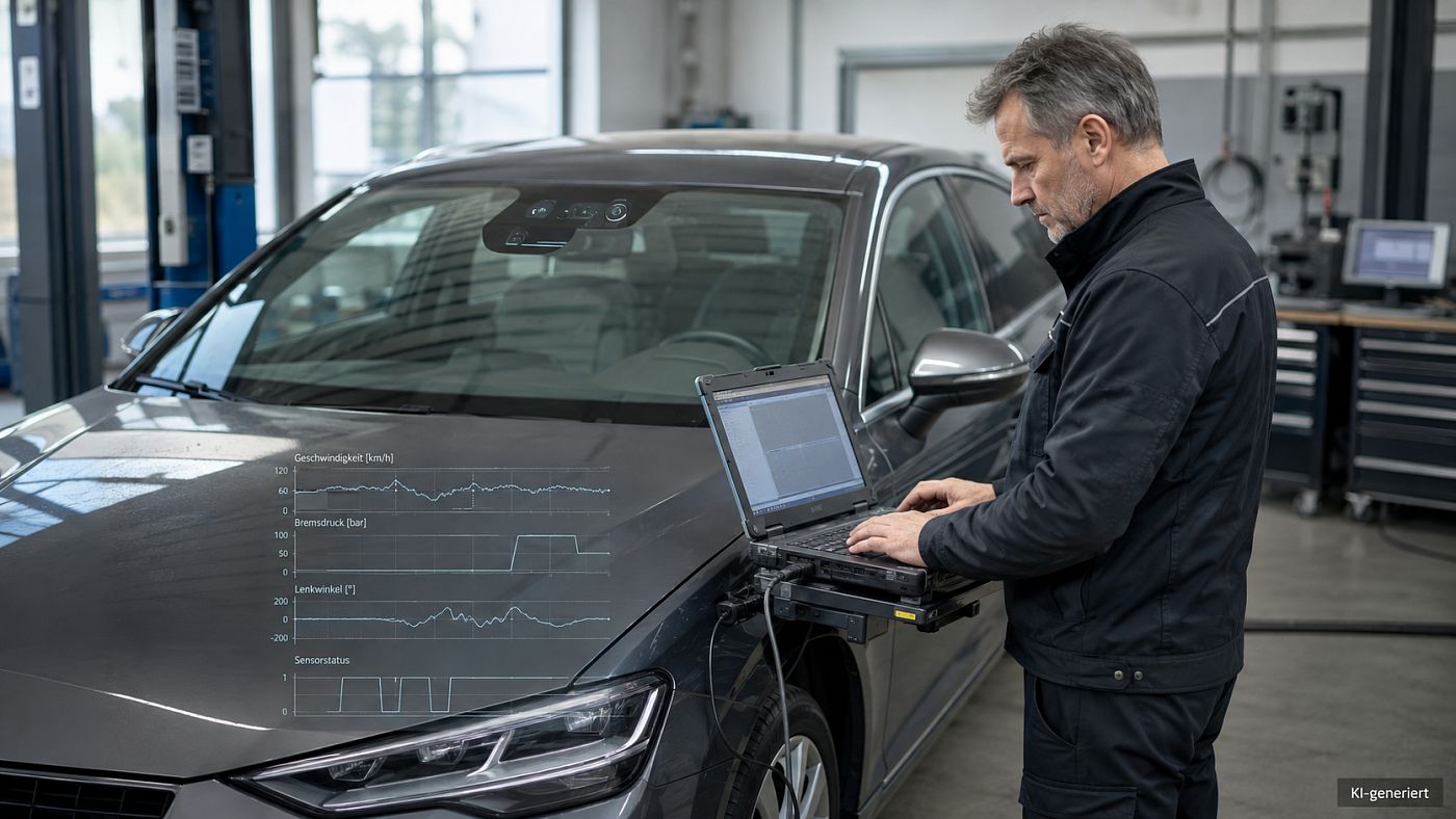 Ein Sachverständiger liest über ein Diagnosegerät die Daten eines Fahrzeugs aus; eingeblendete Verläufe zeigen Geschwindigkeit, Bremsdruck, Lenkwinkel und Sensorstatus.