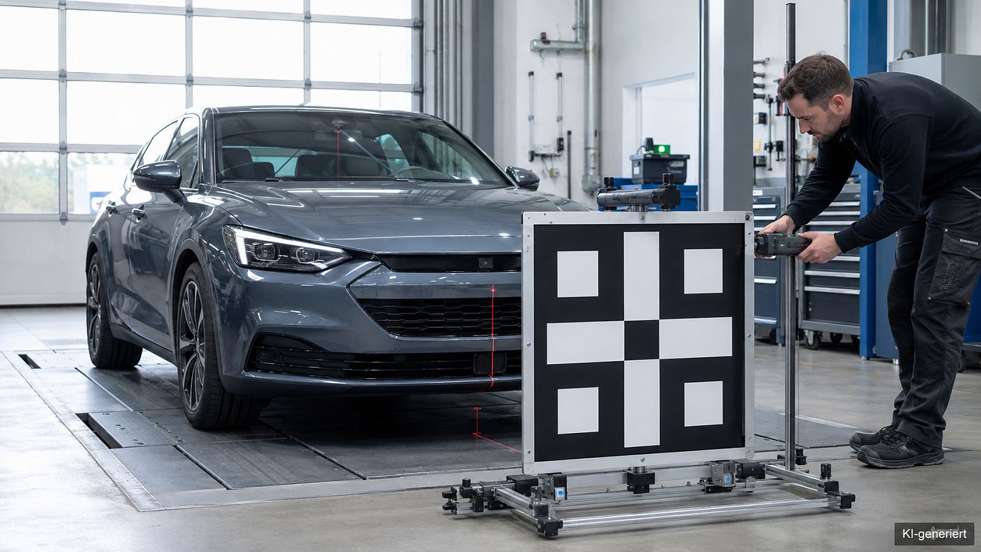 In einer Werkstatt steht ein Fahrzeug auf einer vermessenen Fläche, davor eine Zieltafel auf einem Rahmen; ein Techniker richtet sie mit Laserlinien aus, die Frontkamera hinter der Scheibe ist zu sehen.