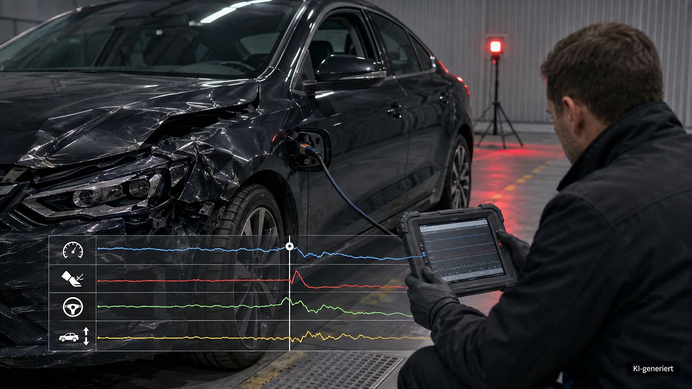 Ein Sachverständiger liest an einem frontbeschädigten Fahrzeug den Ereignisdatenspeicher aus; vier Verläufe zeigen Geschwindigkeit, Bremsbetätigung, Lenkwinkel und Beschleunigung, eine Linie markiert den Aufprall.