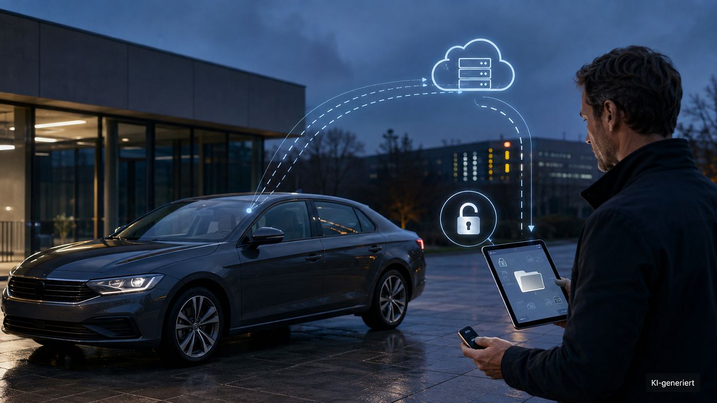 Ein Fahrzeug sendet Daten an einen Speicher in der Wolke; ein geöffnetes Schloss und ein Rückweg führen zu einem Tablet, auf dem der Halter seine Datei einsieht.