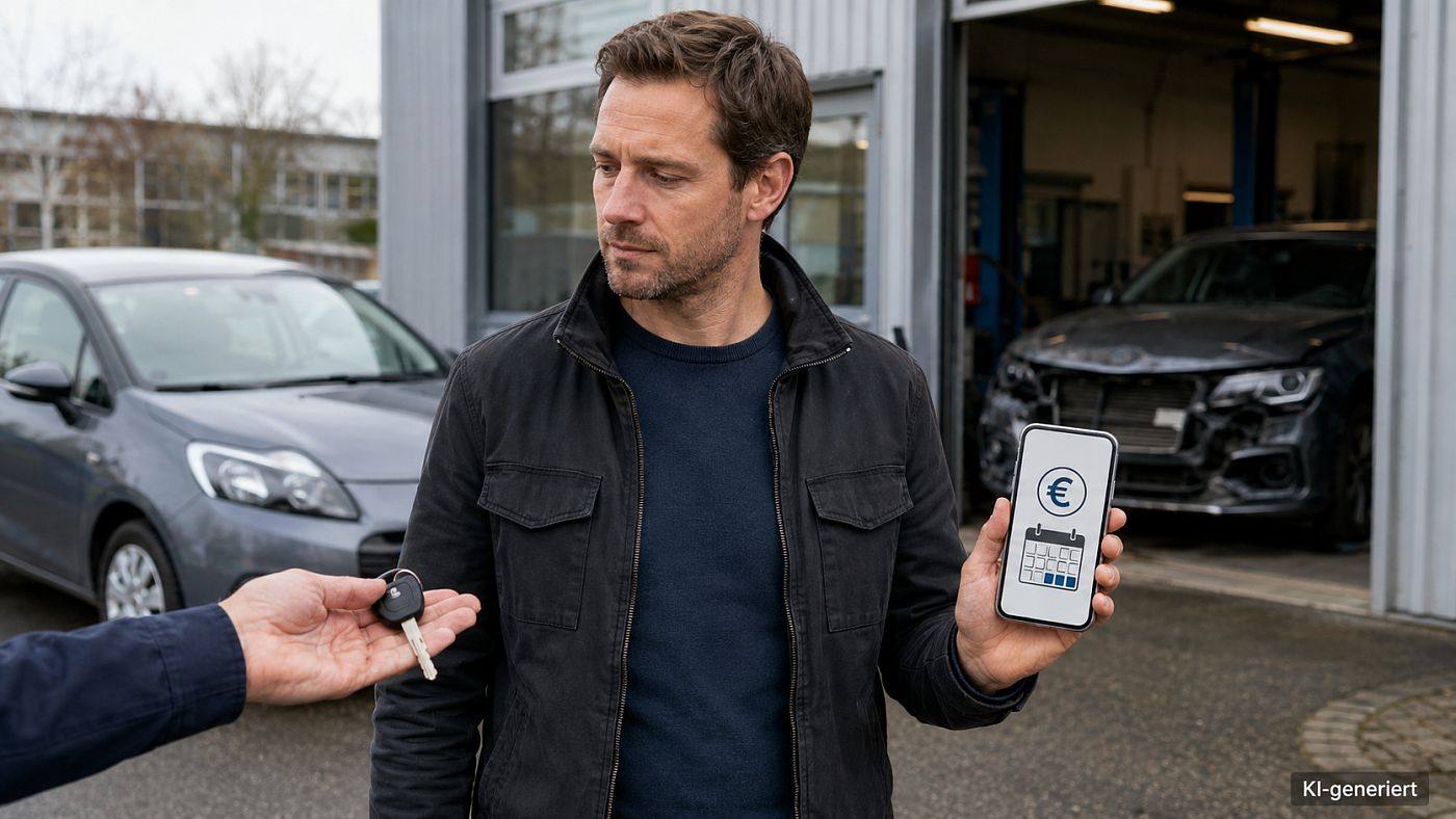 Vor einer Werkstatt hält jemand einem Mann einen Mietwagenschlüssel hin; in der anderen Hand zeigt dieser ein Telefon mit Eurozeichen und Kalender, im Hintergrund steht sein beschädigtes Fahrzeug.