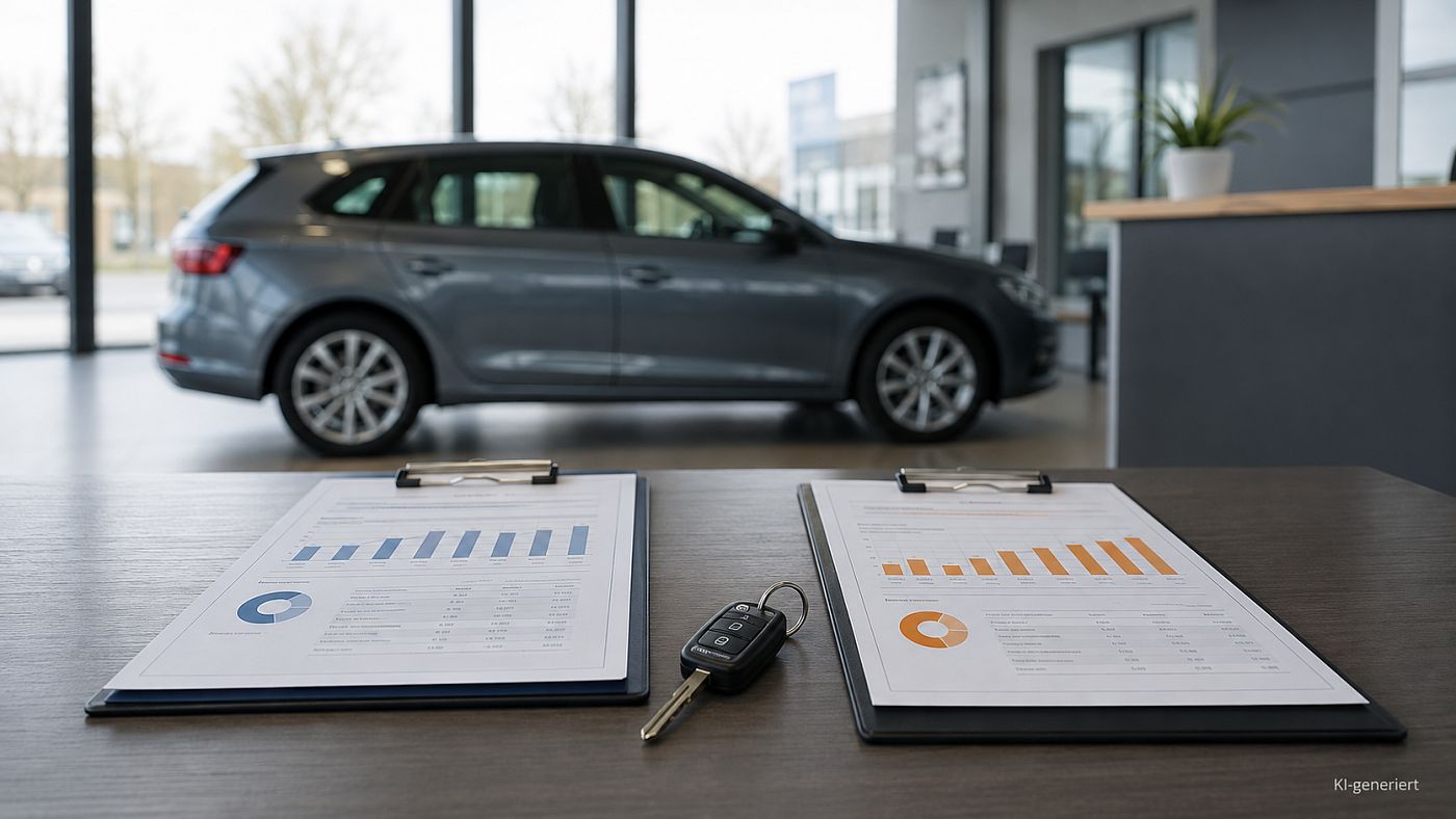 Auf einem Tisch liegen zwei Klemmbretter mit unterschiedlich eingefärbten Auswertungen zu Mietwagenkosten, dazwischen ein Fahrzeugschlüssel; im Hintergrund ein Mietwagen.