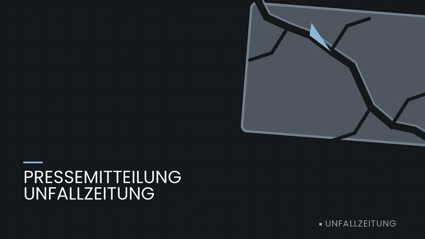Symbolgrafik: eine gezeichnete Bruchlinie über einer Fläche, beschriftet mit „PRESSEMITTEILUNG UNFALLZEITUNG“.