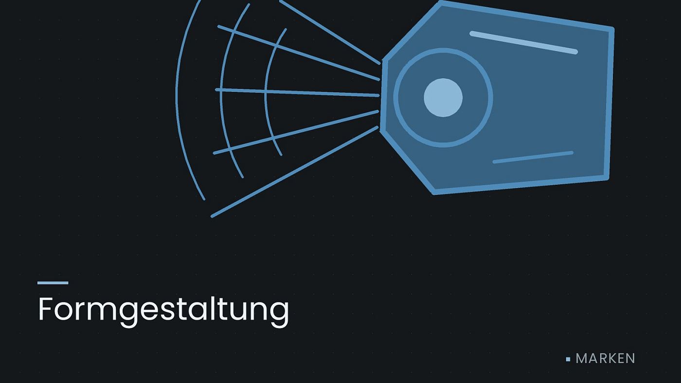 Symbolgrafik: ein gezeichneter Scheinwerfer mit Lichtkegel, beschriftet mit „Formgestaltung“.