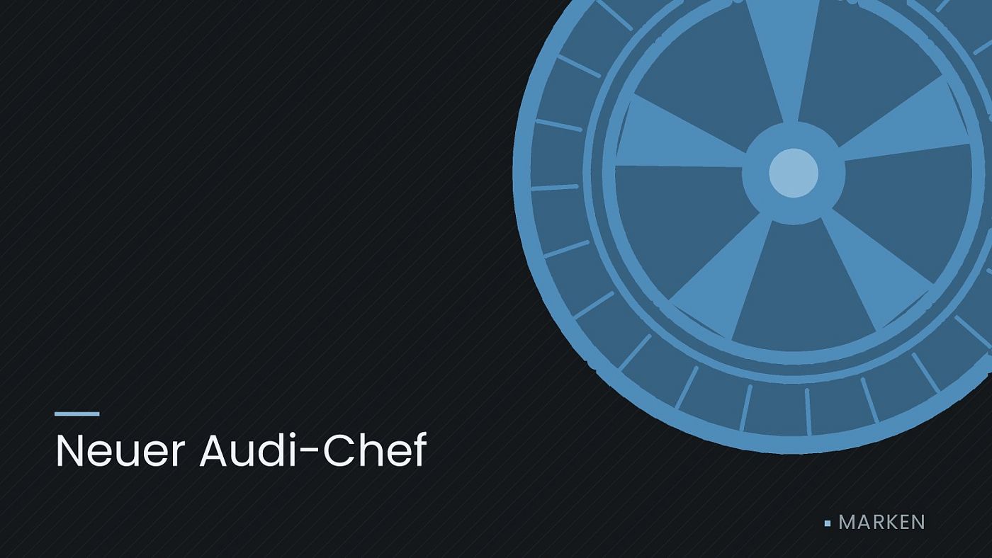 Symbolgrafik: ein gezeichnetes Rad mit Speichen, beschriftet mit „Neuer Audi-Chef“.