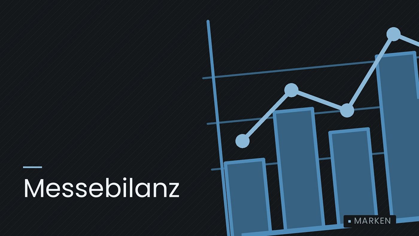 Symbolgrafik: ein gezeichnetes Balkendiagramm mit Verlaufslinie, beschriftet mit „Messebilanz“.