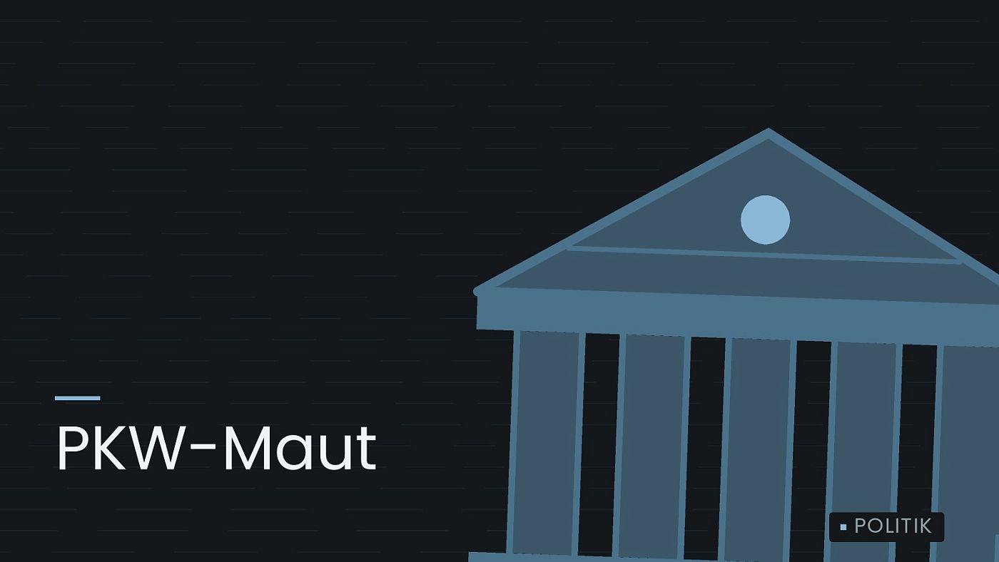 Symbolgrafik: ein stilisiertes Amtsgebäude mit Säulen, beschriftet mit „PKW-Maut“.