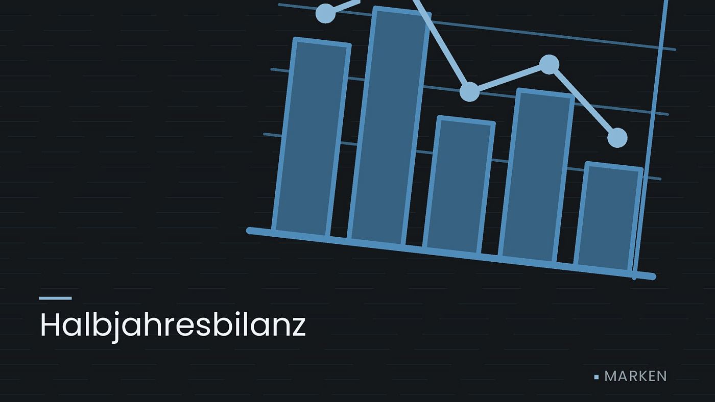 Symbolgrafik: ein gezeichnetes Balkendiagramm mit Verlaufslinie, beschriftet mit „Halbjahresbilanz“.