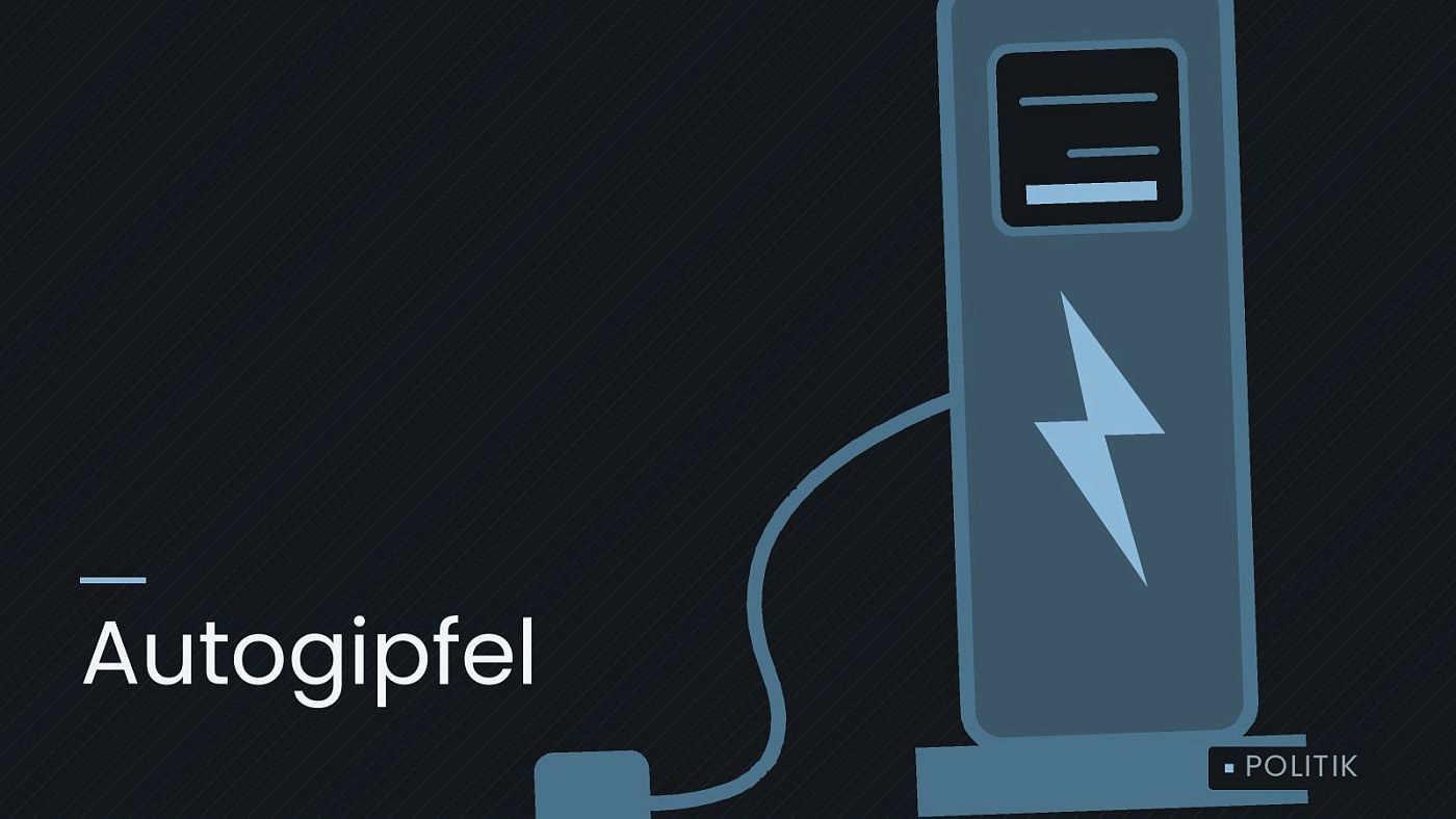 Symbolgrafik: eine gezeichnete Ladesäule mit Kabel und Stecker, beschriftet mit „Autogipfel“.