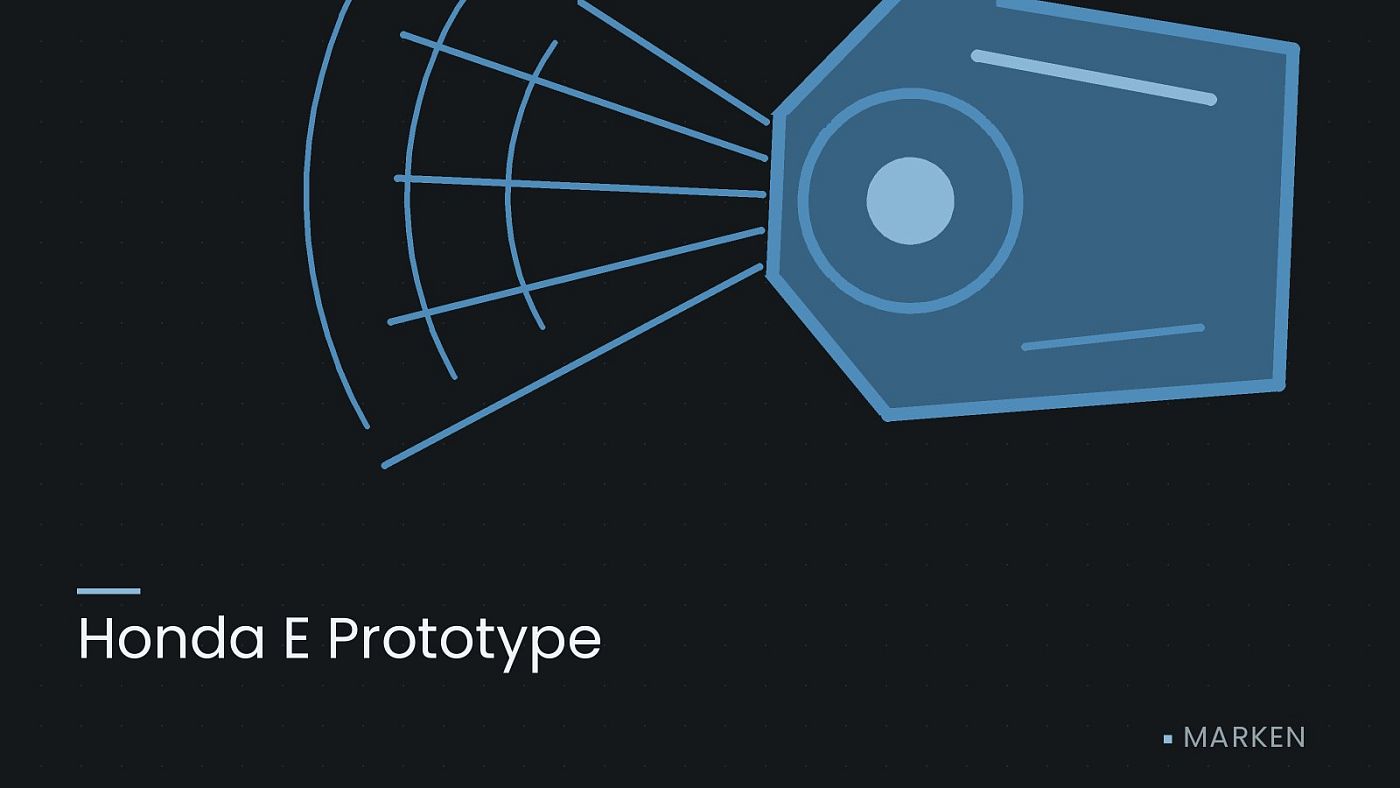 Symbolgrafik: ein gezeichneter Scheinwerfer mit Lichtkegel, beschriftet mit „Honda E Prototype“.