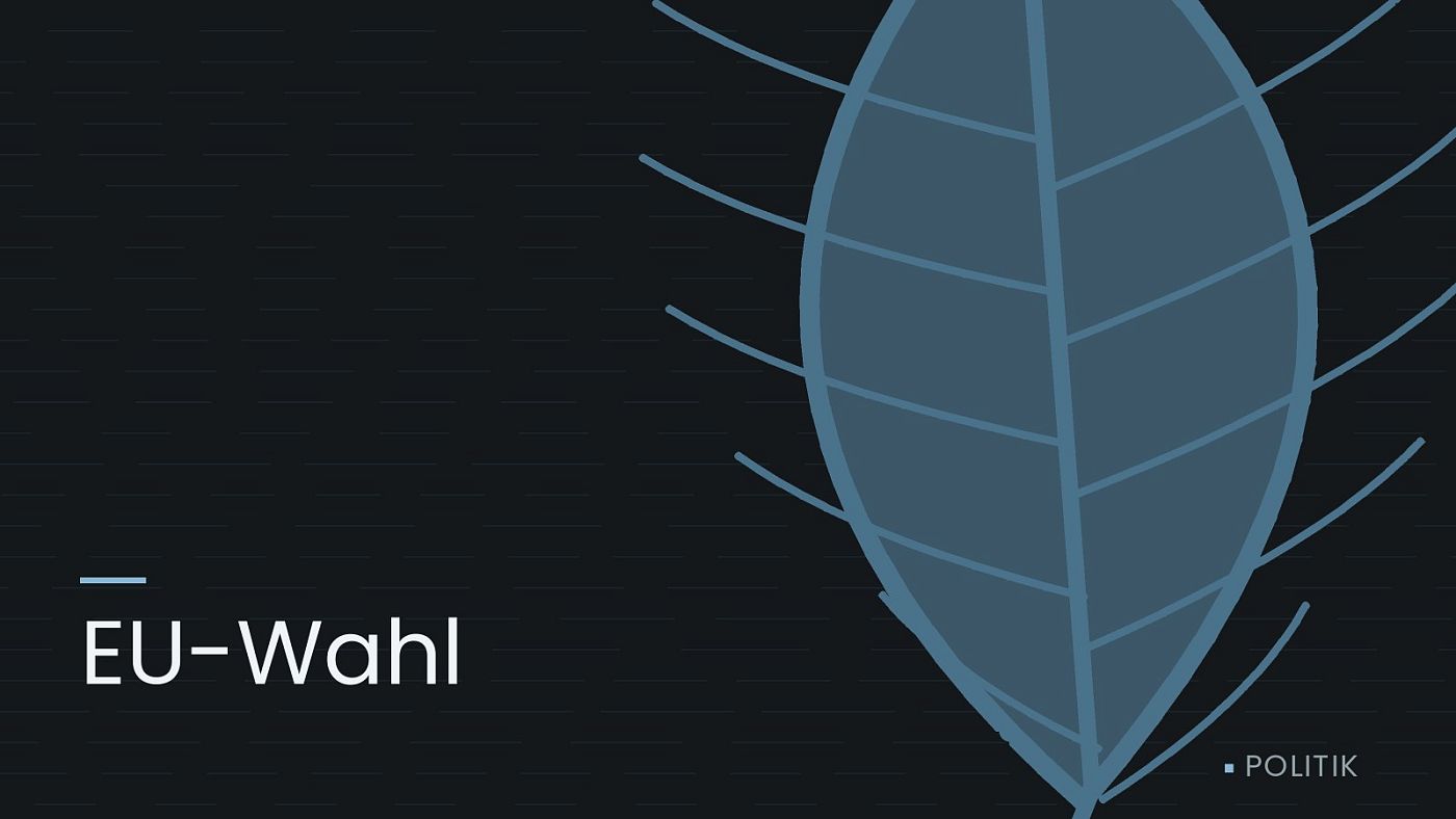 Symbolgrafik: ein gezeichnetes Blatt als Zeichen für Umwelt und Klima, beschriftet mit „EU-Wahl“.