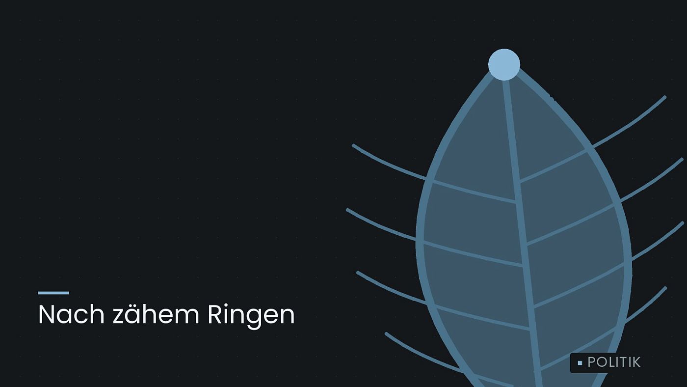 Symbolgrafik: ein gezeichnetes Blatt als Zeichen für Umwelt und Klima, beschriftet mit „Nach zähem Ringen“.