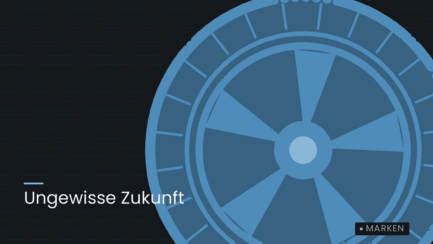 Symbolgrafik: ein gezeichnetes Rad mit Speichen, beschriftet mit „Ungewisse Zukunft“.
