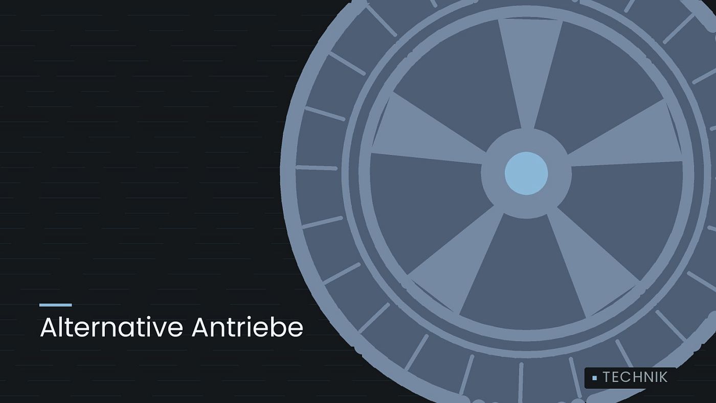 Symbolgrafik: ein gezeichnetes Rad mit Speichen, beschriftet mit „Alternative Antriebe“.