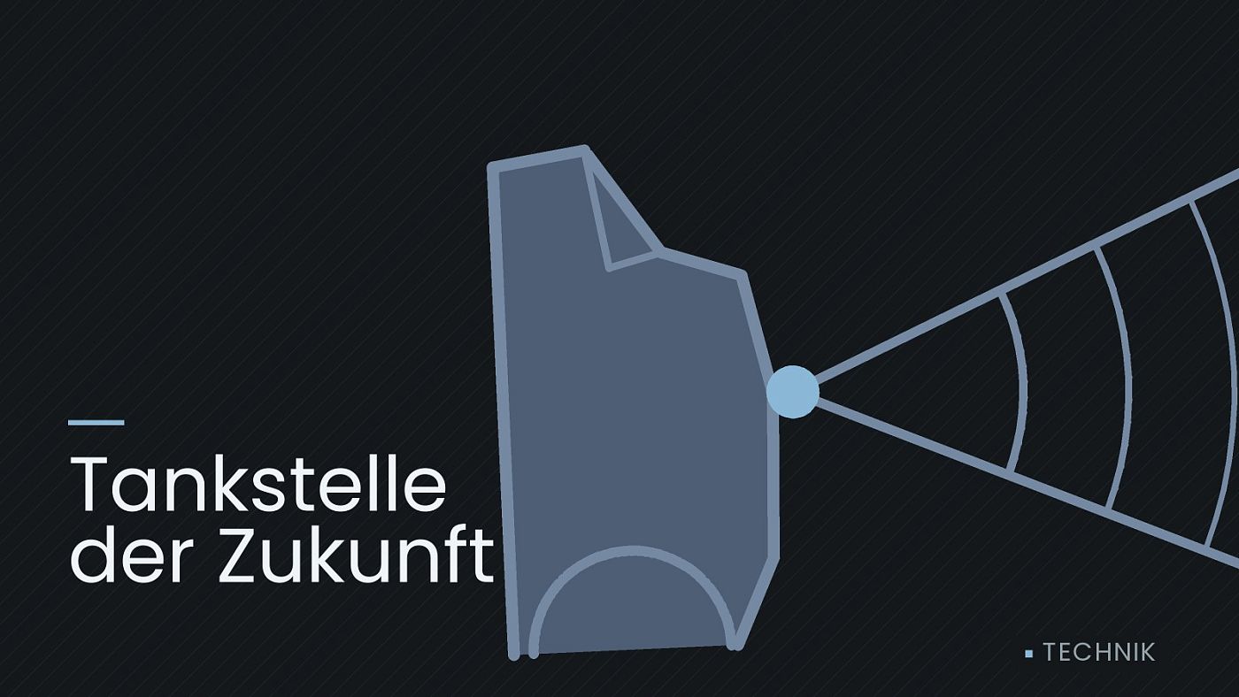Symbolgrafik: ein gezeichneter Sensorkegel vor einer Fahrzeugfront, beschriftet mit „Tankstelle der Zukunft“.