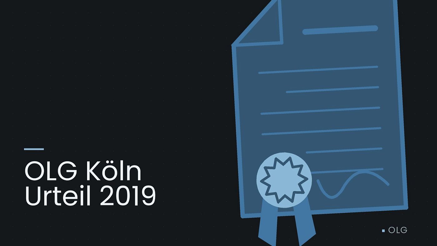 Symbolgrafik: eine gezeichnete Urkunde mit Siegel als Zeichen für eine Entscheidung, beschriftet mit „OLG Köln Urteil 2019“.