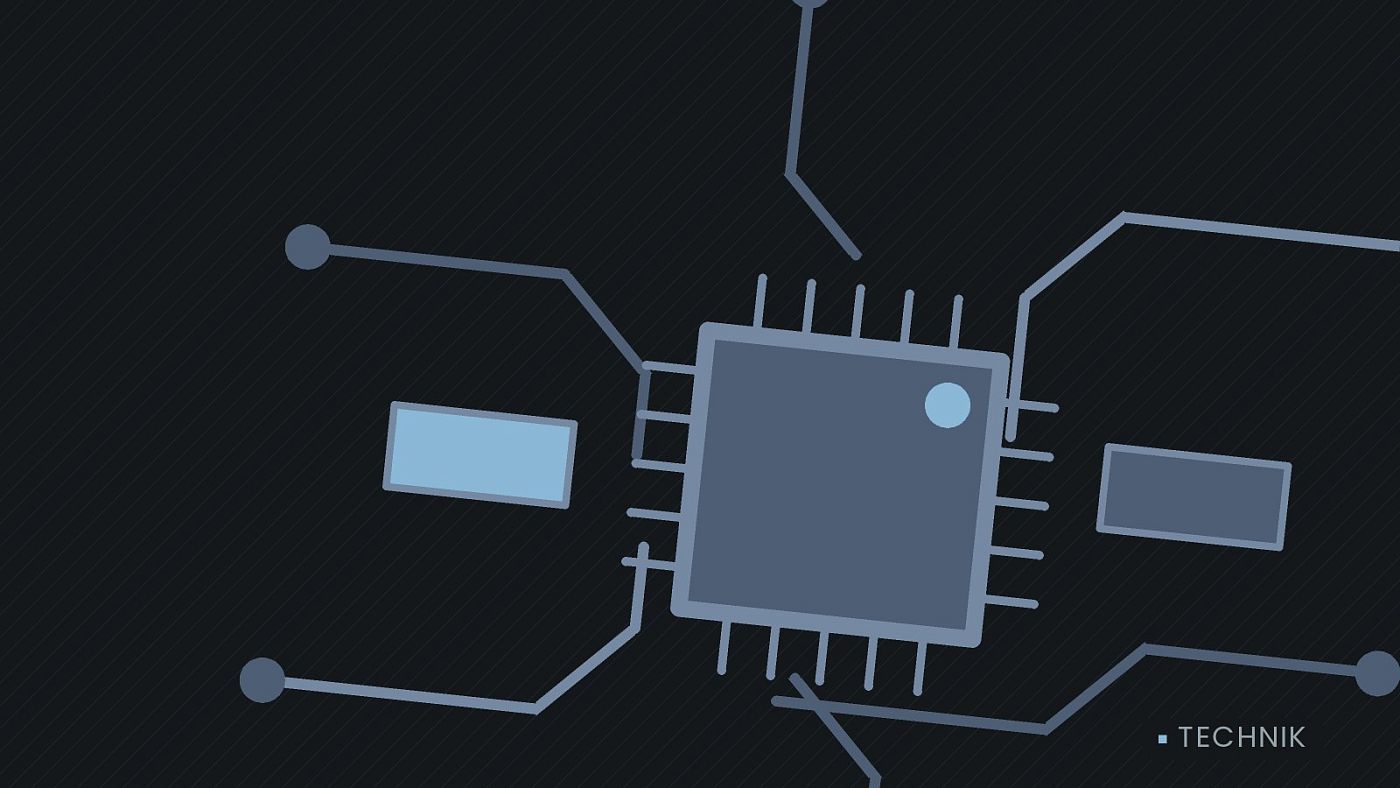 Symbolgrafik: gezeichnete Leiterbahnen mit einem Chip.