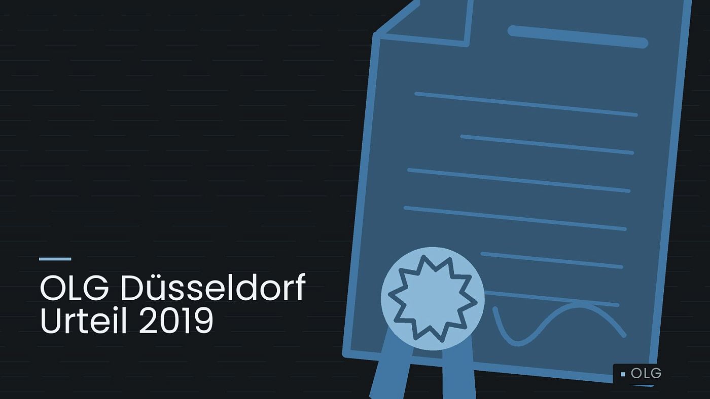 Symbolgrafik: eine gezeichnete Urkunde mit Siegel als Zeichen für eine Entscheidung, beschriftet mit „OLG Düsseldorf Urteil 2019“.