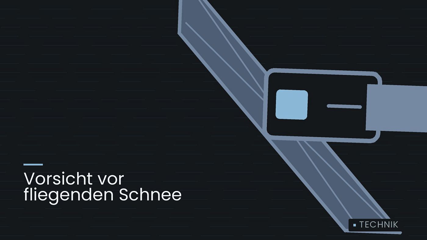 Symbolgrafik: ein gezeichneter Sicherheitsgurt mit Schloss, beschriftet mit „Vorsicht vor fliegenden Schnee“.