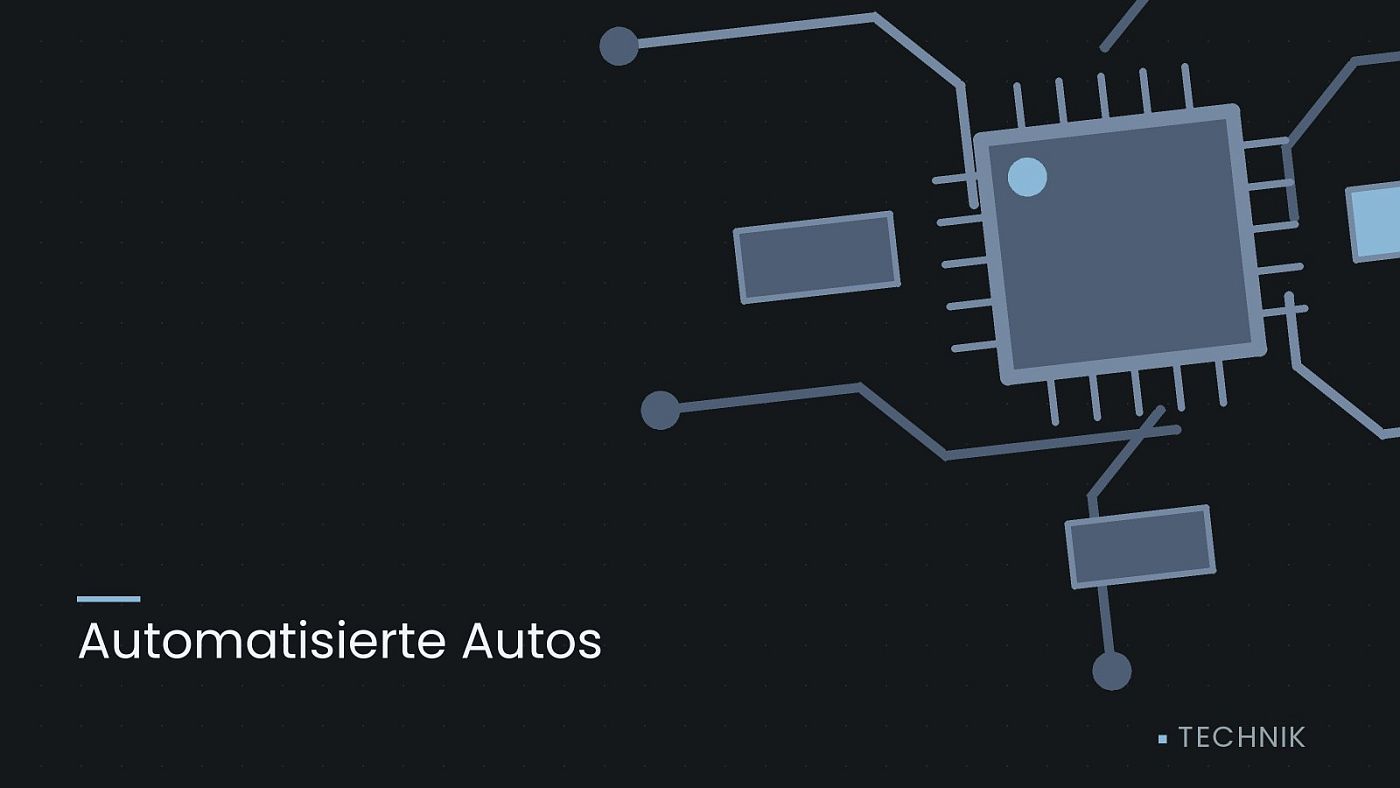 Symbolgrafik: gezeichnete Leiterbahnen mit einem Chip, beschriftet mit „Automatisierte Autos“.