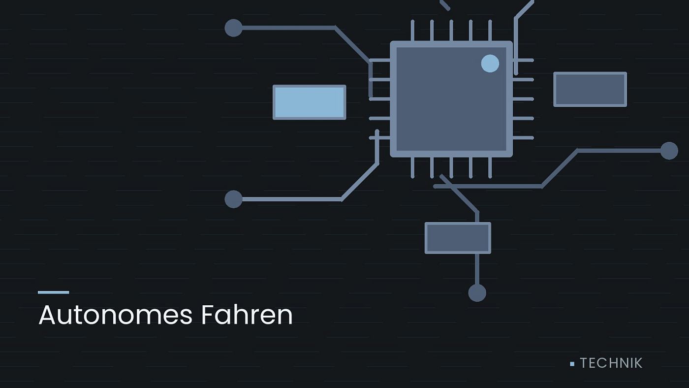 Symbolgrafik: gezeichnete Leiterbahnen mit einem Chip, beschriftet mit „Autonomes Fahren“.