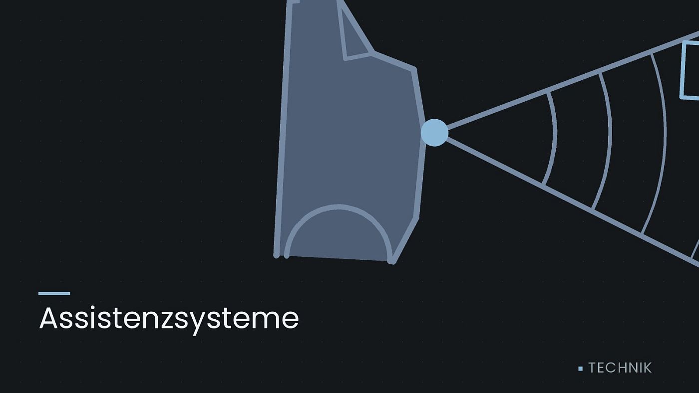Symbolgrafik: ein gezeichneter Sensorkegel vor einer Fahrzeugfront, beschriftet mit „Assistenzsysteme“.