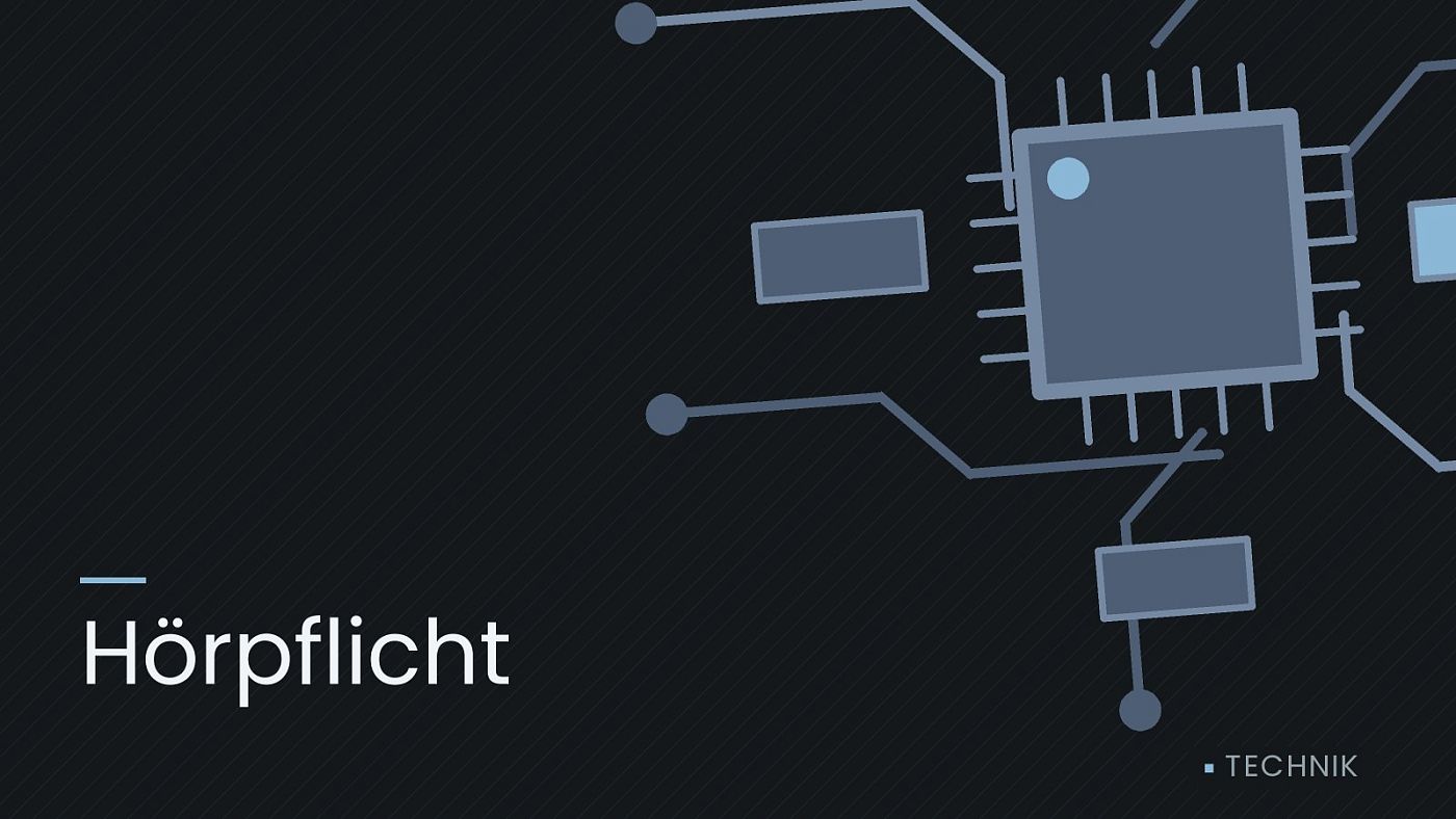Symbolgrafik: gezeichnete Leiterbahnen mit einem Chip, beschriftet mit „Hörpflicht“.