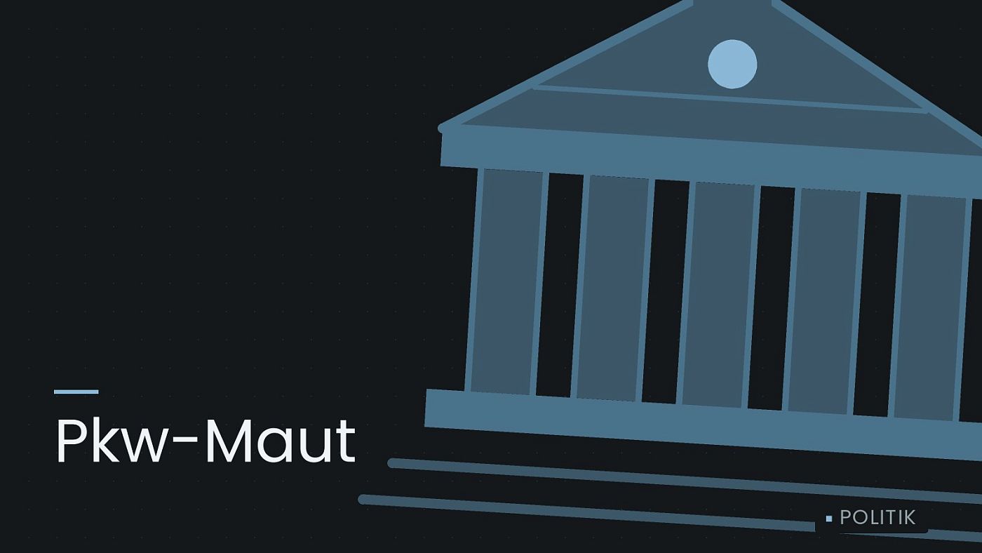Symbolgrafik: ein stilisiertes Amtsgebäude mit Säulen, beschriftet mit „Pkw-Maut“.