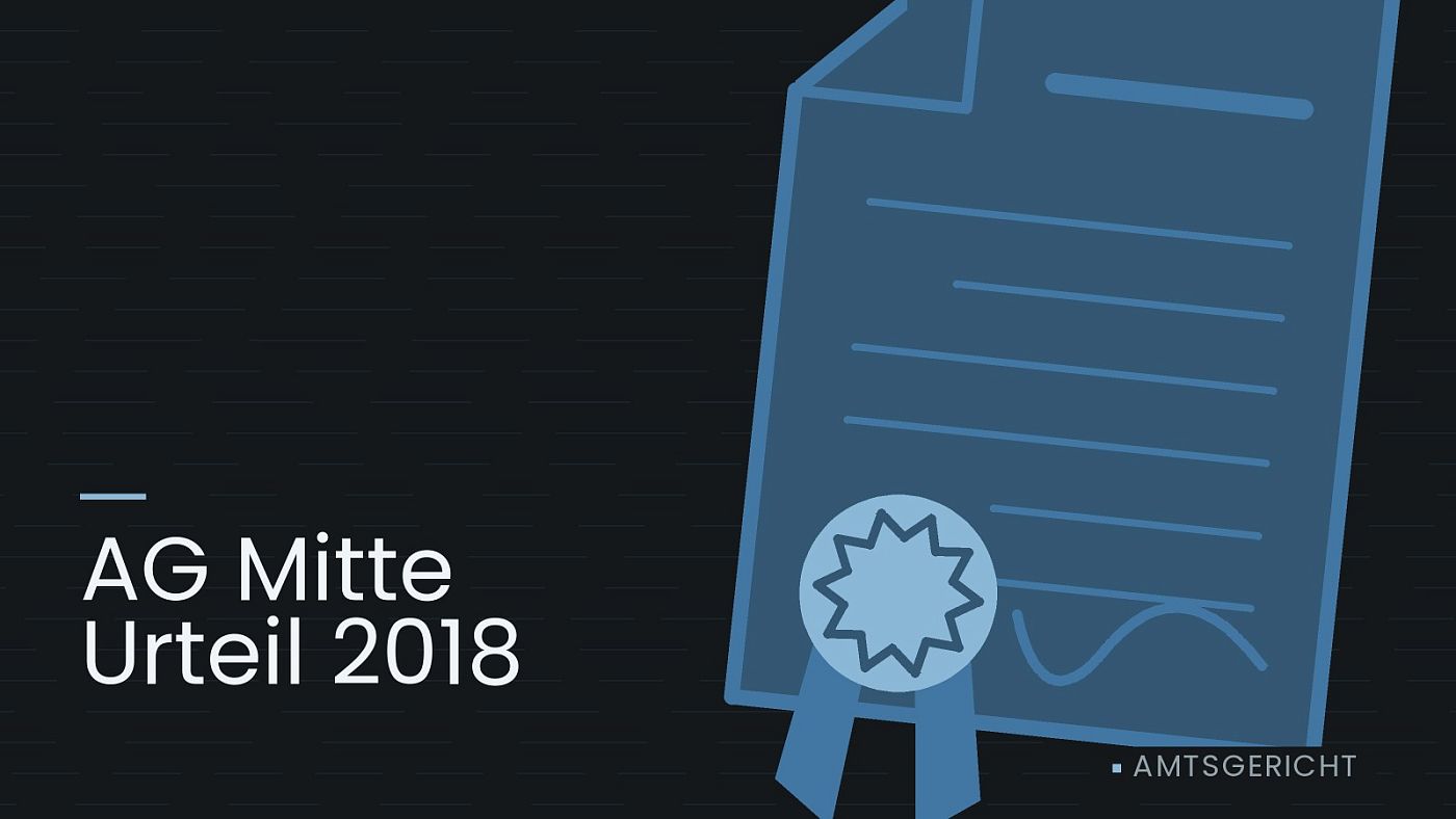 Symbolgrafik: eine gezeichnete Urkunde mit Siegel als Zeichen für eine Entscheidung, beschriftet mit „AG Mitte Urteil 2018“.
