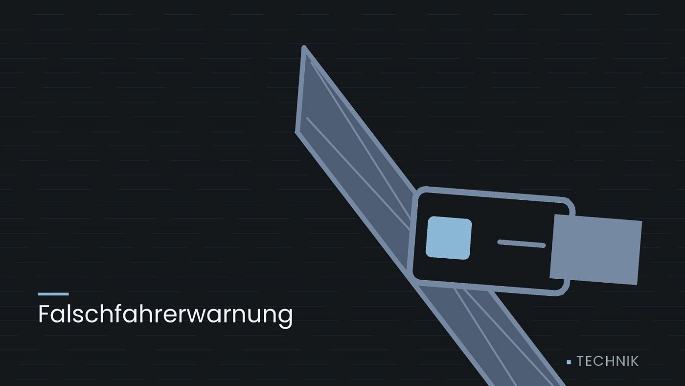 Symbolgrafik: ein gezeichneter Sicherheitsgurt mit Schloss, beschriftet mit „Falschfahrerwarnung“.