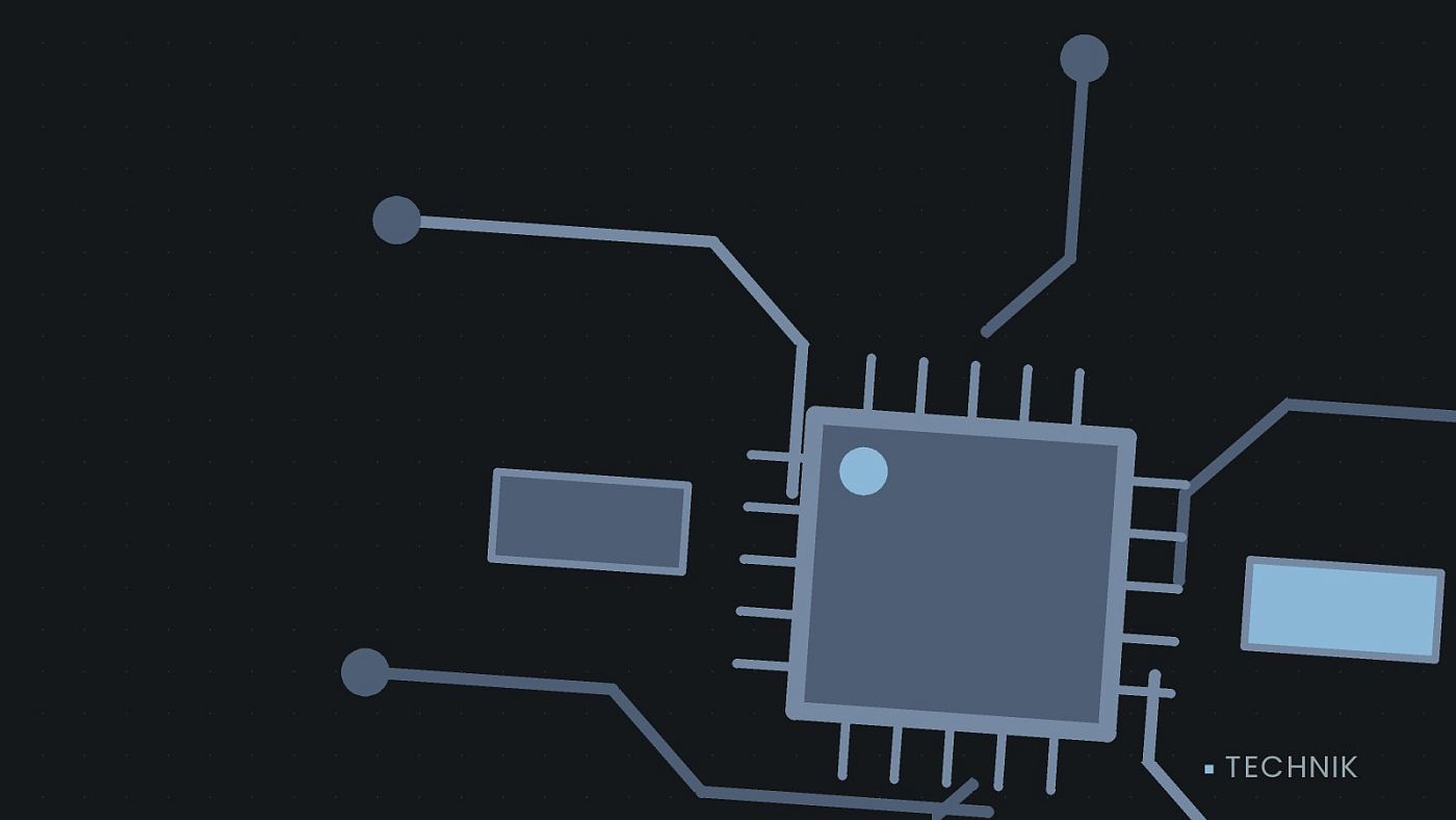 Symbolgrafik: gezeichnete Leiterbahnen mit einem Chip.