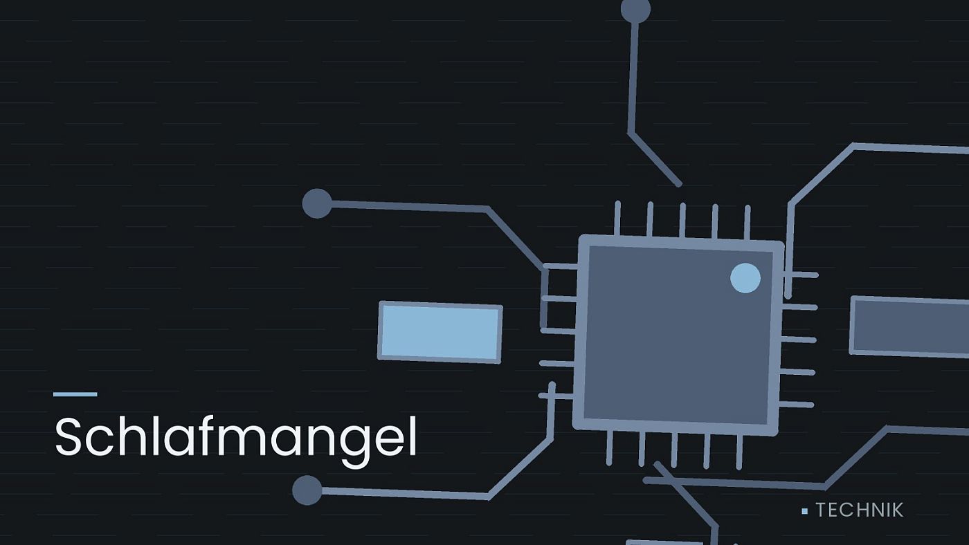 Symbolgrafik: gezeichnete Leiterbahnen mit einem Chip, beschriftet mit „Schlafmangel“.