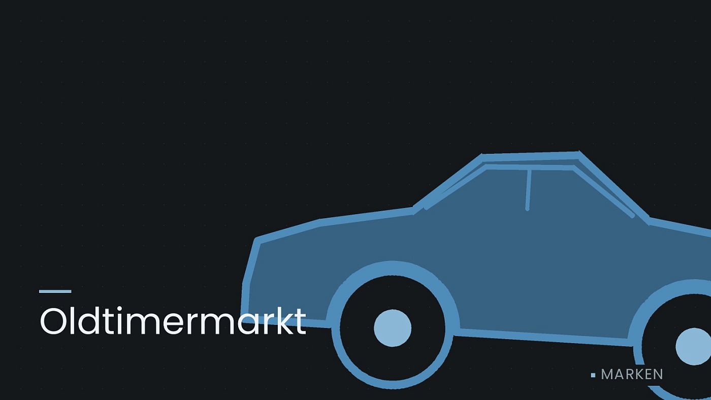 Symbolgrafik: die Umrisslinie eines Fahrzeugs von der Seite, beschriftet mit „Oldtimermarkt“.