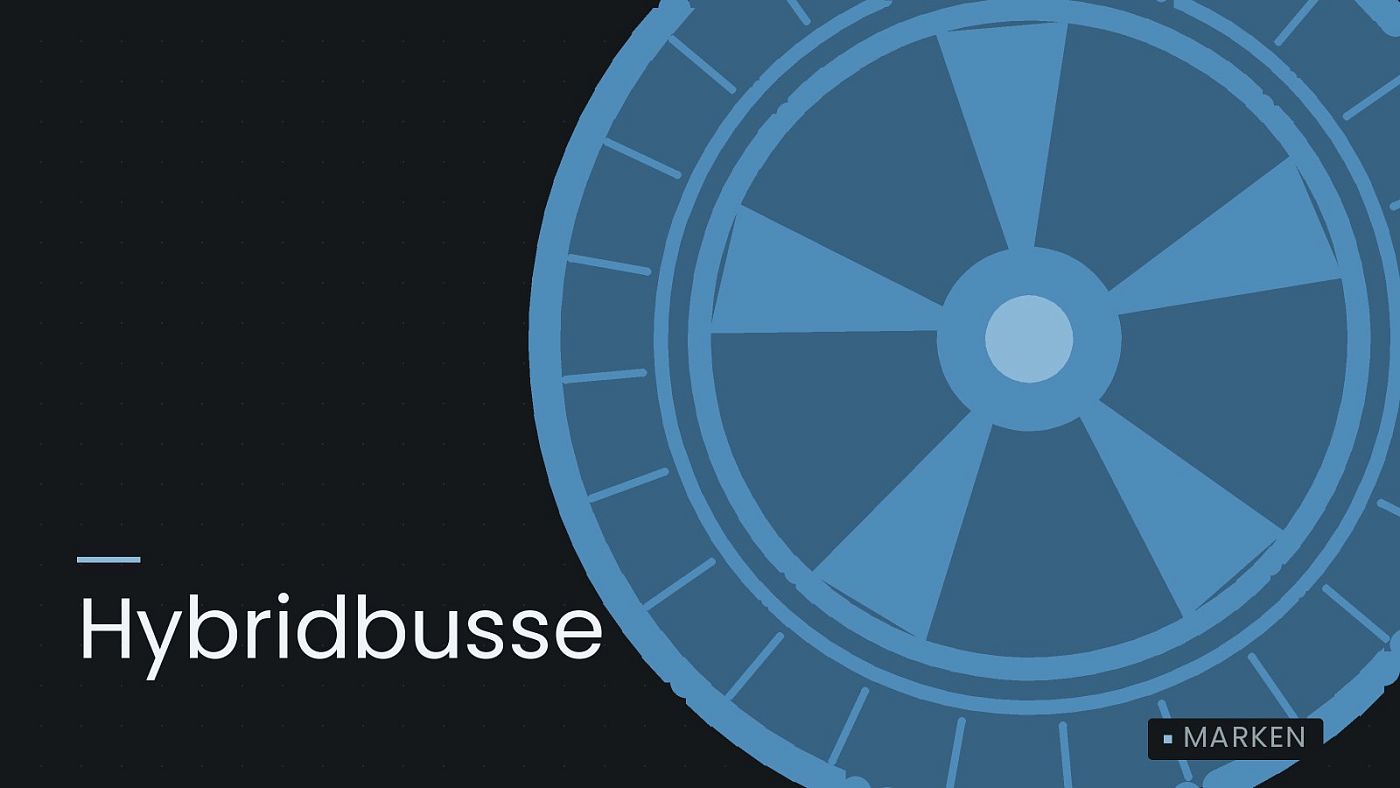 Symbolgrafik: ein gezeichnetes Rad mit Speichen, beschriftet mit „Hybridbusse“.